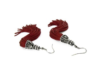 Burgundy Tassel Earrings, long tassel earrings, Boho Earrings, Hook tassle earrings, Hippie Earrings, Tassel Jewelry, Gifts under 20