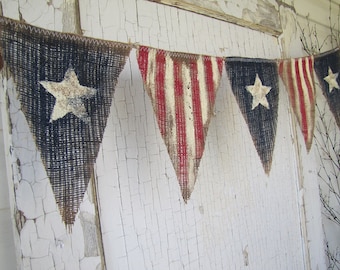 Size MED. Primitive Olde American Flag, Patriotic, July 4th, Old Glory, USA, Painted Burlap Banner, Flag, Bunting, Pennant