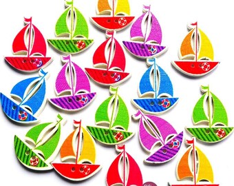 6 buttons wooden boats sailboats 3 cm - 2 holes