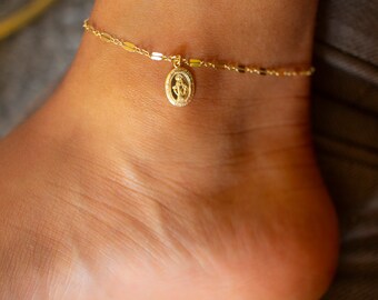 Madonna Charm Gold Anklet / Miraculous Medal Virgin Mary Ankle Bracelet