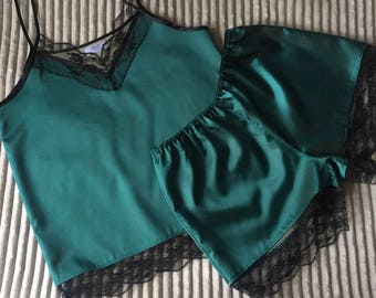 Pajama Lace Satin Set, Satin Lace Pyjama, Lace Top Camisole and Shorts, Satin Pajama, Satin Underwear, Satin Nightwear, Romantic Nightwear