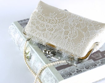 Bridal clutch, Chantilly Lace Silk Clutch in Ivory on Champagne, wedding clutch, wedding bag, Bridal clutch