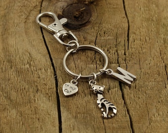Cat keyring, cat keychain gift, personalized cat keychain, feline gift, initial charm, name keyring, birthstone charm, personalised keyring