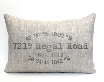 housewarming gift, longitude latitude pillow, wedding gift, coordinates pillow, gift for her, mother's day gift "Regal Rd"