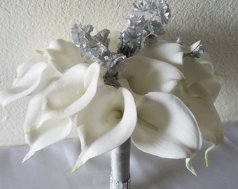 Ivory Silver Calla lily Bridal Wedding Bouquet & Boutonniere