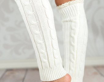 White Braided Leg Warmers With Lace Rim