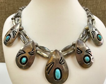Vintage Native American Sterling Silver Bead And Turquoise Necklace