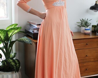 Vintage Peach Beaded 70s Floor Length Long Sleeve Gown