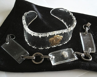 two vintage lucite and sterling bracelets with sorority or school emblems