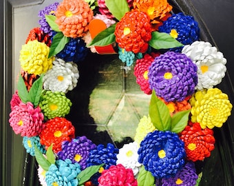 Zinnia Pinecone Wreath, Front Door Wreath, Pine Cone Wreath, Zinnia Pinecone Flowers, Spring Wreath, Summer Wreath, Red Zinnia Wreath, Gift
