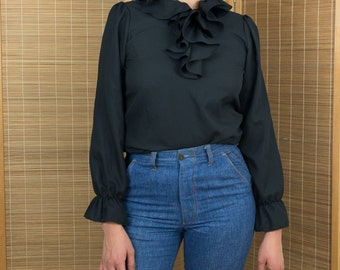 1970's Victorian Ruffle Front Blouse with Bell Sleeves