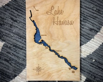 Lake Havasu, Arizona 3-D Lake Sign - Customizable Handmade Custom Map with Compass and Lake Name Engraved - North Idaho Made