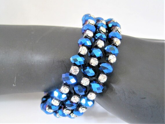 Blue Rhinestone Bracelet, Bead Memory Wire, Coil Wrap, Vintage Wrap Bracelet