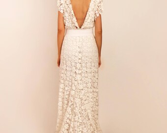Cotton Lace wedding dress, boho wedding dress, daisy pattern crochet lace dress, backless dress, boho wedding dress, bohemian wedding dress