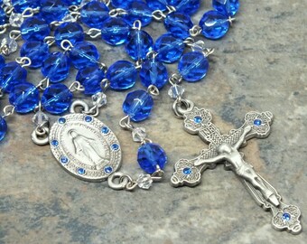 Czech Glass Rosary in Sapphire, September Rosary, Birthstone Rosary, 5 Decade Rosary, Catholic Rosary, Large Size Rosary