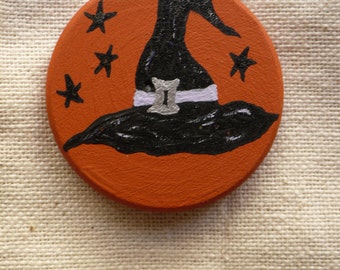 Witch Hat & Protective Bat - Halloween Miniature Art - Pocket Charm - OOAK