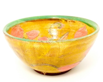 Floral earthenware 7" cereal bowl. Wheel thrown, food safe, made by Kaitlyn Brennan/ Brennan pottery