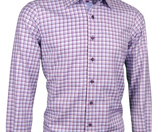 Giorgio Capone Premium Men's shirt, 100% BW, white-construction-violet checkered, Kent-collar, Slim & Regular