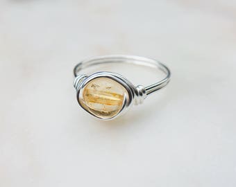 Citrine Ring, Yellow crystal ring, Wire wrapped, Sterling silver, Yellow gemstone, Natural stone, November Birthstone, Gift