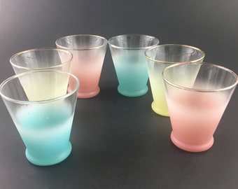 Vintage Mid Century Blendo West Virginia Juice Glass Set of 6, MCM Pastel Frosted Juice Double Shot Glasses, Mid Century Barware Blendo