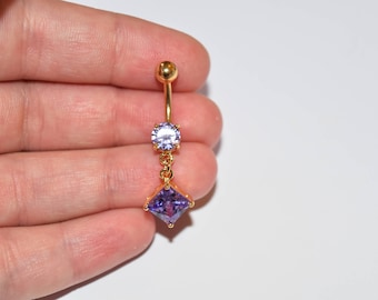 CZ Dangle 14kt or plaqué nombril bague mauve, piercings nombril, bijoux de corps, piercing au nombril, piercings, bijoux de nombril