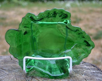Mid-Century Forest Green Glass Maple Leaf Dessert Bowl