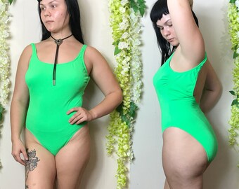 Vintage 1990s Maillot bright green checkered one piece swimsuit ~ size M