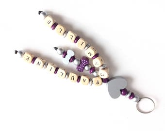 Personalized Keychain, wooden beads double names