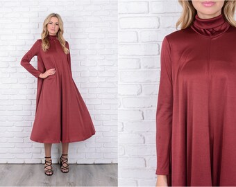 Vintage 70s Burgundy Dress Full Maxi Long Sleeve turtleneck Medium M 11490