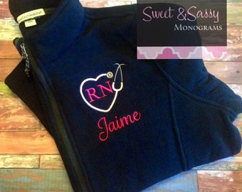 Nurse Heart Stethoscope Custom Monogrammed Full Zip Fleece Jacket, Nurse Gift. Nurse Jacket