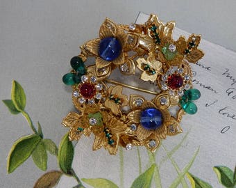 Signed Miriam Haskell Colorful Bad & Russian Gold Circle Pin or Brooch OCA10