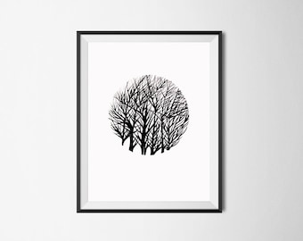 Tree Art Print/ Original Art/ Black and White Print/ Nature Drawing/ Ink Illustration/ Autumn Home Decor/ Pen Drawing/ Forest Landscape
