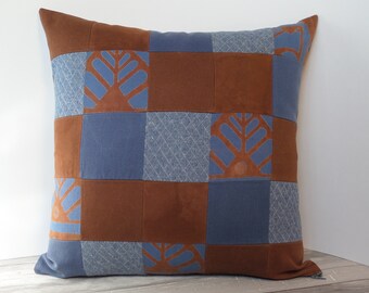 Recycled textiles slipcover for 18" cushion -- copper brown & denim blue