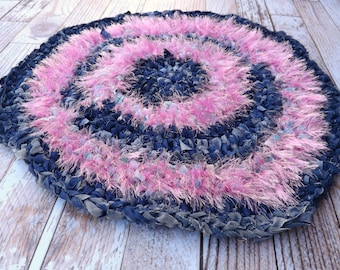 Cat Rug - Pet Rug - Hearth Rug - Rag Rug - Pink Rug - Kneading Rug - Furry Rug - Accent Rug - Puppy Rug - Upcycled Rug - Blue Jean Rug