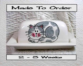 Smiling Grey Tabby Cat On Ceramic Butter Dish Handpainted Original by Grace M Smith
