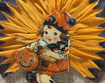Vintage Halloween Die Cut and Crepe Paper Cake Pick with girl, black cat,JOL and witch