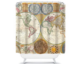 vintage world map shower curtain vintage bathroom decor home living globe shower vintage