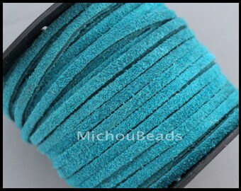 2 Yards Genuine SUEDE Cord - 3mm TEAL Turquoise 6 feet 3x1.5mm Flat Real Split Suede Natural Dye Color Wholesale Lace Cording by the Yard