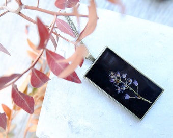 Purple boho necklace, gift for woman, real flower necklace, mothers day gift, resin necklace, dried flower jewelry, real plant necklace,