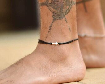 Anklet for men, men's anklet with a silver cross charm, black cord, gift for boyfriend, men's ankle bracelet, christian catholic jewelry