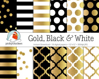 Gold Foil Digital Paper - Gold Black & White, gold glam dots stripes confetti moroccan trellis faux gold photography backdrop printable 8070