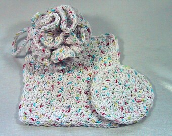 3 Piece Bath Set - Bath Puff, Face Cloth, Scrubbie - Crocheted - Cotton Yarn White Confetti - Pamper Yourself - Nice Gift Set Adult or Kids