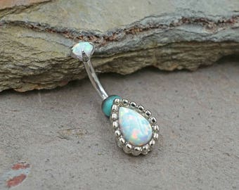 White Fire Opal Silver Rook Earring Daith Piercing Eyebrow Ring