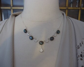 925 Sterling Silver and Labradorite Gemstone Bib Style Necklace, Adjustable