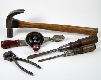 Vintage Bell System Tool Set Claw Hammer Stanley Drill & Screwdrivers 5 pce Lot