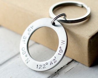 Circle Coordinates Key Chain, Hand Stamped Key Ring Stainless Steel, Latitude, Longitude, Location Keychain, Anniversary, Washer, Initials