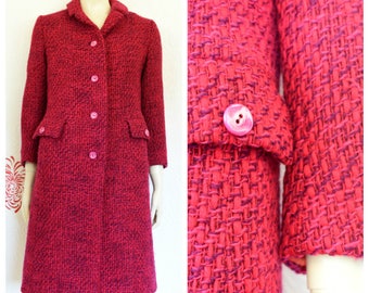 Vintage Tweed Coat | Pink Coat | Ladies Tweed Coat | Hot Pink Coat | Womens Vintage Coat | Red Winter Coat | Purple Overcoat | Pink Tweed
