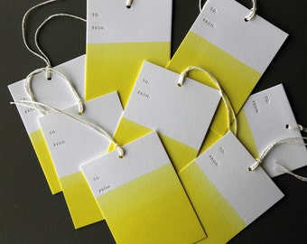 Set of 8 YELLOW hand dip dyed and letterpress printed gift tags, 2.5 x 3.5" with twine