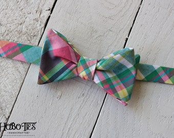 Green and Pink Plaid Bow Tie~Mens Self Tie Bow Tie~Mens PreTied~Anniversary Gift~Wedding Tie~HoBo Ties~Cotton Bow Tie~Mens Gift~Wedding~