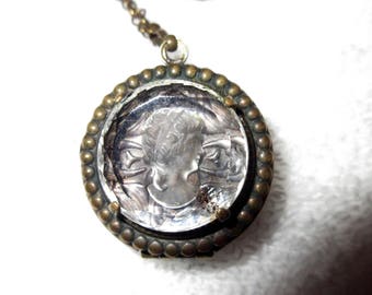 Vintage Glass Cameo Locket Pendant Necklace Long 2-Sided Faceted Intaglio --Superb!